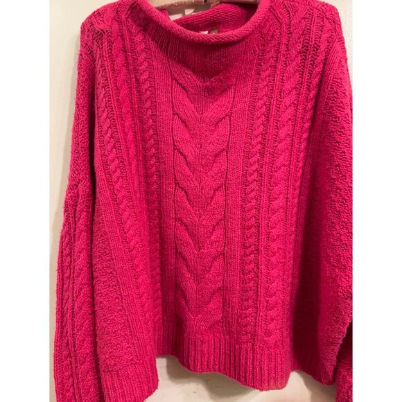 PILCRO Pink Cable Knit Sweater XL Chunky Mock Neck Oversized Cozy Boho Fall Wint - Picture 3 of 12